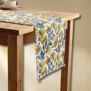Vintage Yellow Orange Folk Floral Blue Leaf Short Table Runner
