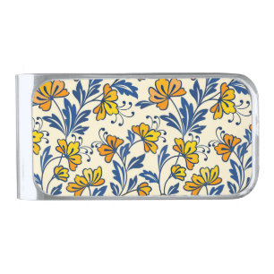 Vintage Yellow Orange Folk Floral Blue Leaf Silver Finish Money Clip