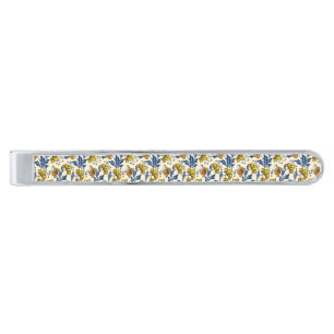 Vintage Yellow Orange Folk Floral Blue Leaf Silver Finish Tie Bar