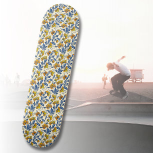 Vintage Yellow Orange Folk Floral Blue Leaf Skateboard