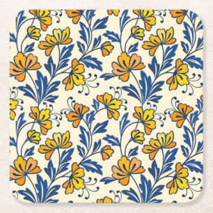 Vintage Yellow Orange Folk Floral Blue Leaf Square Paper Coaster
