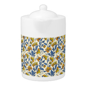 Vintage Yellow Orange Folk Floral Blue Leaf Teapot
