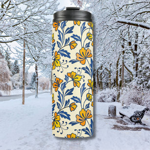 Vintage Yellow Orange Folk Floral Blue Leaf Thermal Tumbler