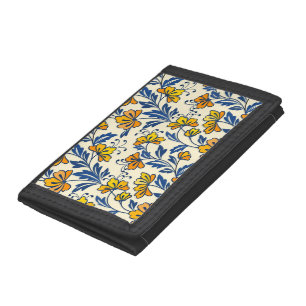 Vintage Yellow Orange Folk Floral Blue Leaf Tri-fold Wallet