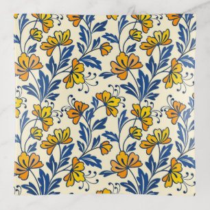 Vintage Yellow Orange Folk Floral Blue Leaf Trinket Tray
