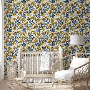 Vintage Yellow Orange Folk Floral Blue Leaf Wallpaper