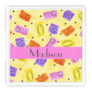 Vintage Yellow Passport Stamps Name Personalized Acrylic Tray