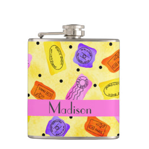 Vintage Yellow Passport Stamps Name Personalized Hip Flask