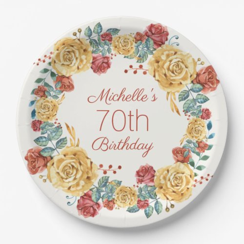 Vintage Yellow Pink Floral 70th Birthday  Paper Plates