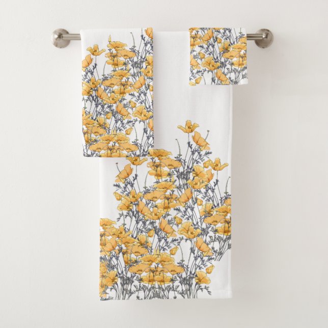Vintage Yellow Poppy Flowers Bath Towel Set (Insitu)