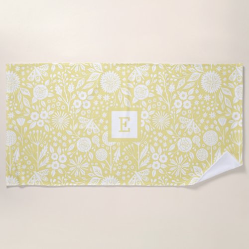 Vintage Yellow Pretty Floral Hand drawn Beach Towel