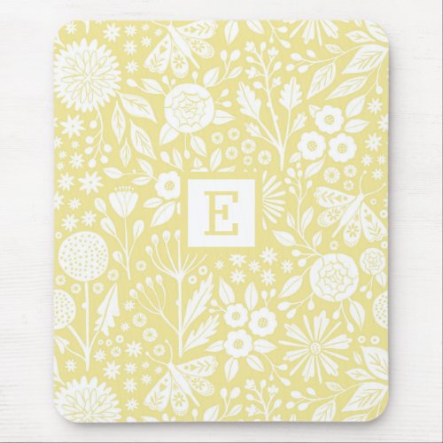 Vintage Yellow Pretty Floral Hand drawn Mouse Pad