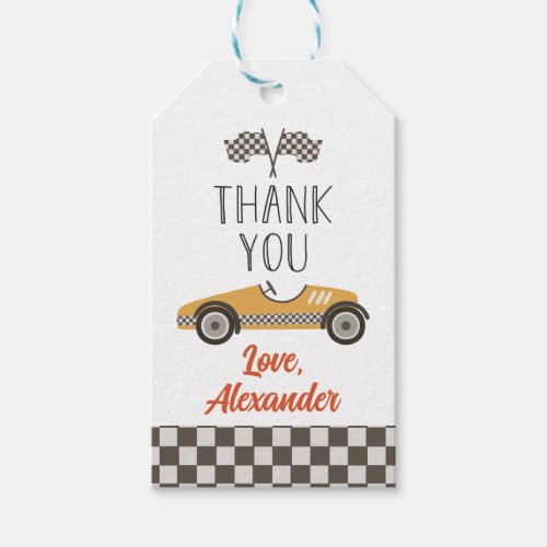 Vintage yellow Race Car Birthday Thank You Gift Tags