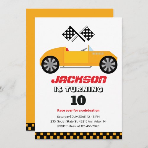 Vintage Yellow Race Car Kids Boys Birthday Invitation