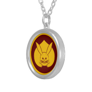 Vintage Yellow Red Japan Rabbit Mon Oriental Crest Silver Plated Necklace