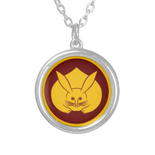 Vintage Yellow Red Japan Rabbit Mon Oriental Crest Silver Plated Necklace