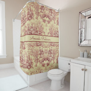 Vintage Yellow Red Toile De Jouy Lake Monogram Shower Curtain