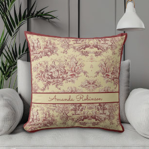Vintage Yellow Red Toile de Jouy Monogram Lake Throw Pillow