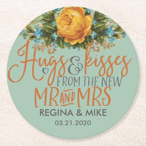 Vintage Yellow Rose Hugs Kisses New Mr Mrs Wedding Round Paper Coaster