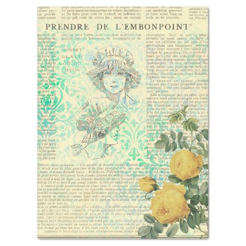 Vintage Yellow Rose Lady and Newsprint Decoupage Tissue Paper