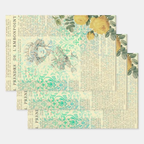Vintage Yellow Rose Lady and Newsprint Wrapping Paper Sheets
