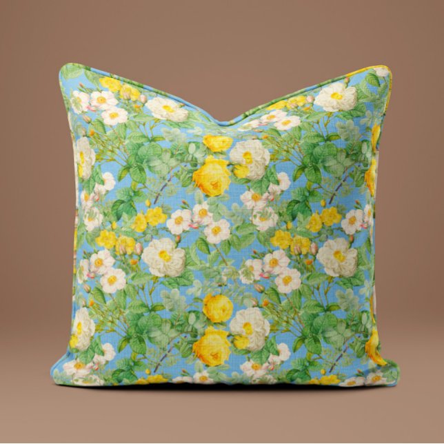 Vintage Yellow Rose Pillow in Sky Blue (Creator Uploaded)
