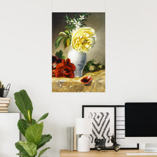 Vintage Yellow Rose Red Pansy Floral Vase Art Poster