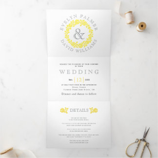 Vintage yellow rose wreath, gray text wedding Tri-Fold invitation
