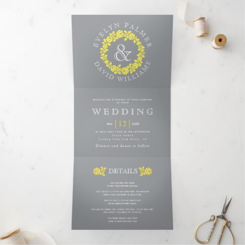 Vintage yellow rose wreath ultimate gray wedding Tri_Fold invitation