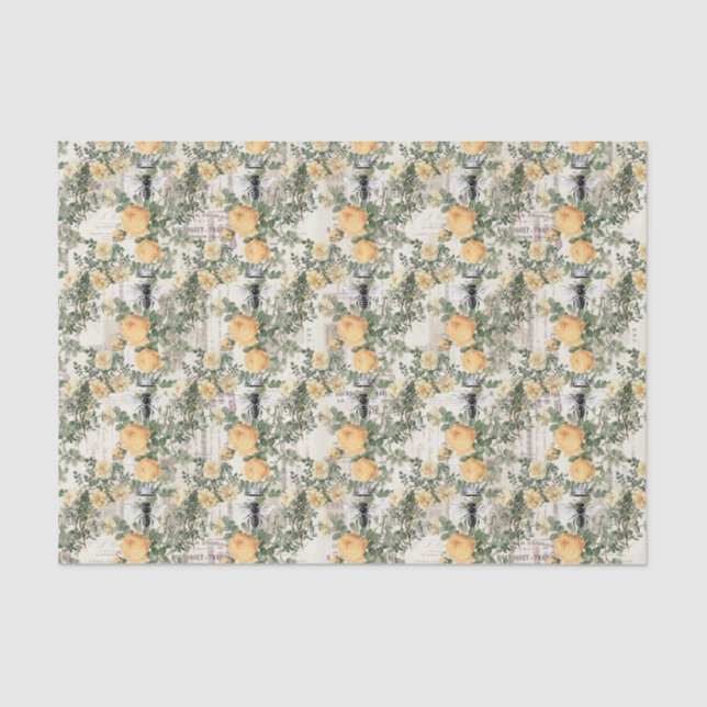 Vintage Yellow Roses and Bees Tissue Paper (Front)