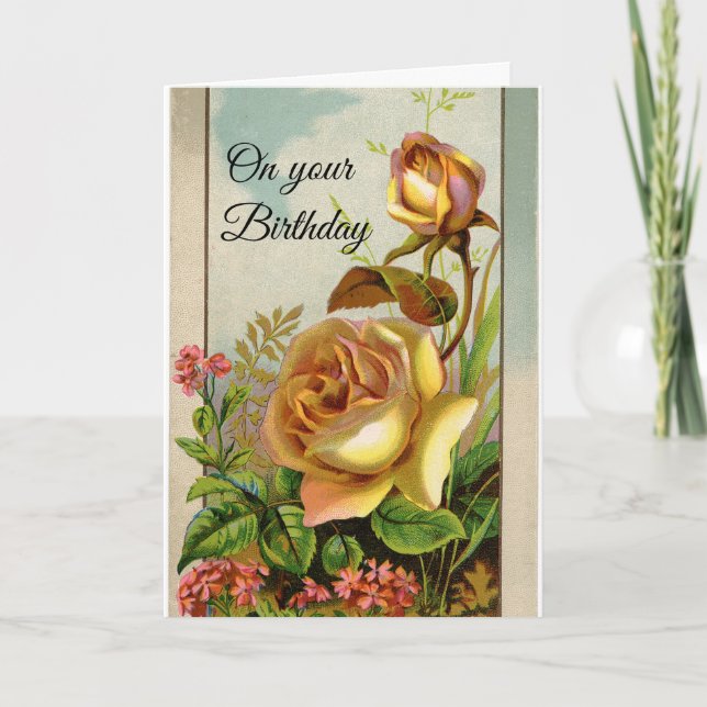 Vintage Yellow Roses Birthday Card (Front)