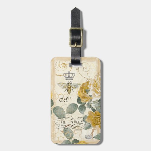 Vintage Yellow Roses Floral Damask Queen Bee Name Luggage Tag