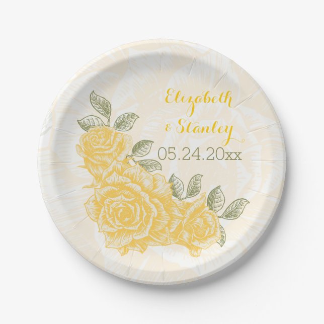 Vintage yellow roses floral wedding paper plates (Front)