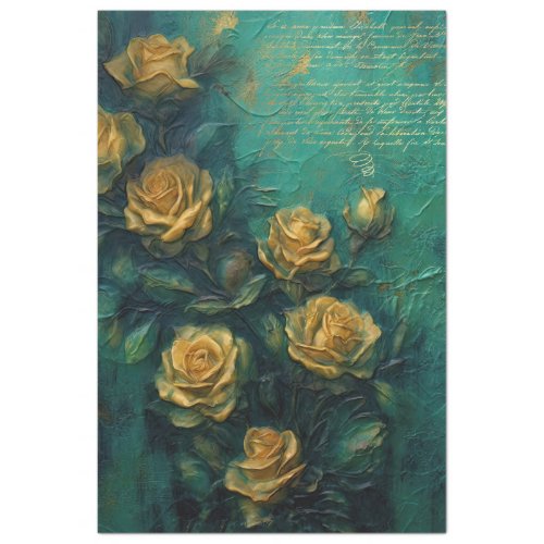 Vintage yellow roses gold foil emerald deep green  tissue paper