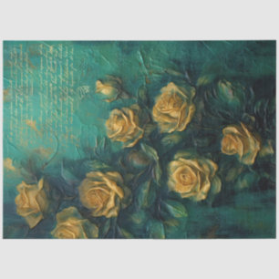 Vintage yellow roses gold foil emerald deep green tissue paper