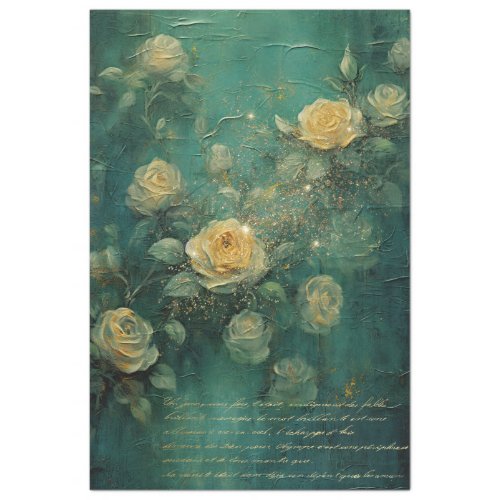 Vintage yellow roses  gold sparkles emerald green  tissue paper