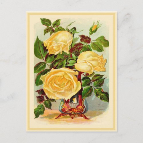 Vintage Yellow Roses in a Vase Postcard