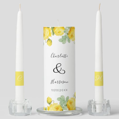 Vintage Yellow Roses Monogram Wedding Unity Candle Set