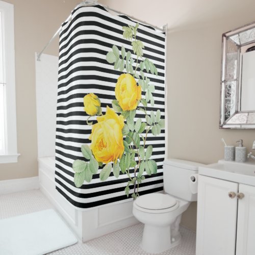 Vintage Yellow Roses on Black and White Stripes Shower Curtain