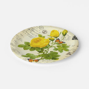 vintage yellow roses paper plates