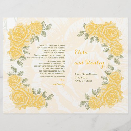 Vintage yellow roses wedding folded program