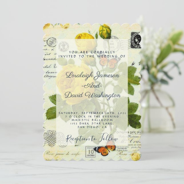 Vintage yellow roses wedding invitation (Standing Front)