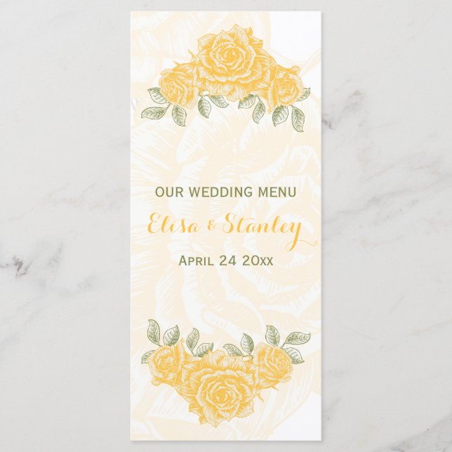 Vintage yellow roses wedding Menu card (Front)