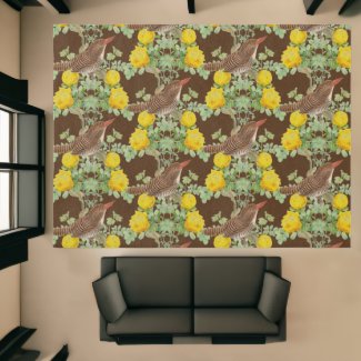 Vintage Yellow Roses with Kingfisher Bird Area Rug