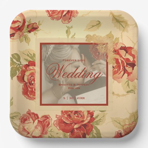 Vintage yellow rustic red rose custom wedding phot paper plates