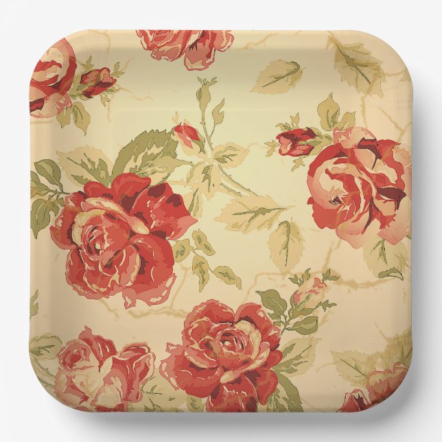Vintage yellow rustic red rose wedding paper plate (Front)