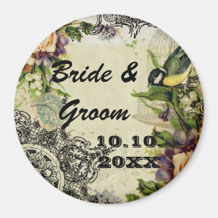 Vintage Yellow Song Bird Cage Floral Save the Date Magnet