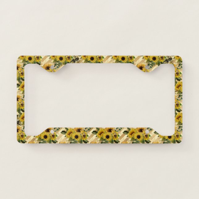 Vintage Yellow Sunflower Bees Stripes License Plate Frame (Front)