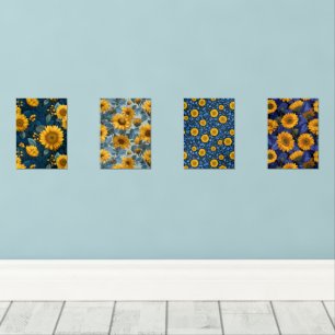 Vintage Yellow Sunflower Blue Floral Pattern Wall Art Sets