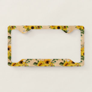 Vintage Yellow Sunflower Bouquet Dragonflies License Plate Frame